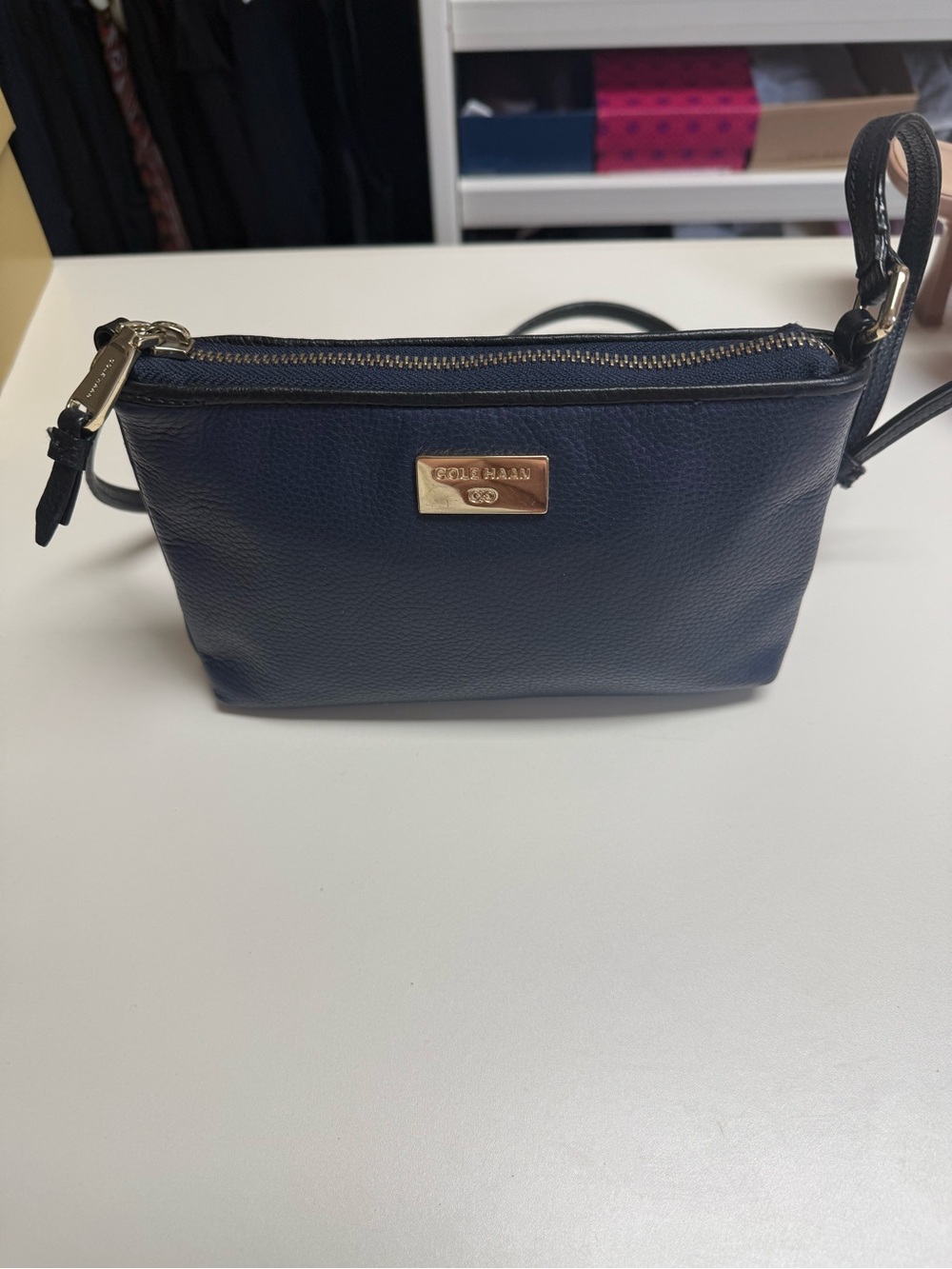 Cole Haan Black Pebbled Leather Crossbody with Gold Plaque